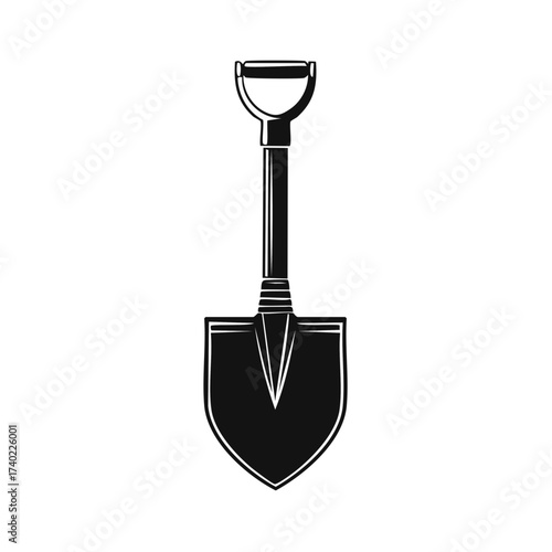 Shovel illustration with handle and blade, farming and gardening equipment icon.