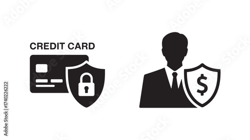 Set of financial security icons featuring a credit card and businessman vector illustration for banking and investment concepts