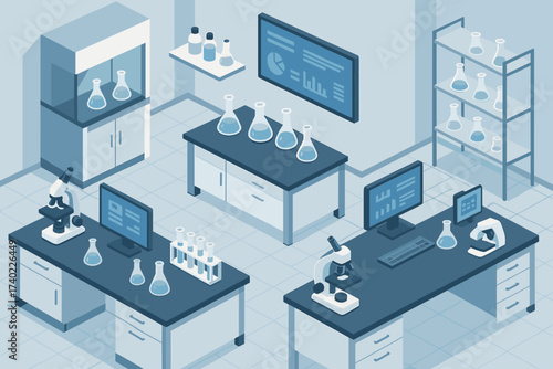 Laboratory vector microscopes modern scene illustration digital flasks workbenches glass lab screens
