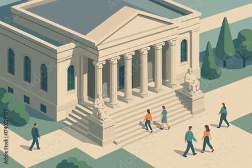 Vector exterior statues walking people up grand steps columns illustration library