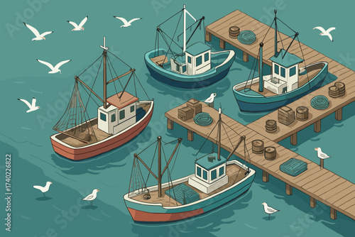 Vector above flying docks nets seagulls along lined harbor scene fishing serene