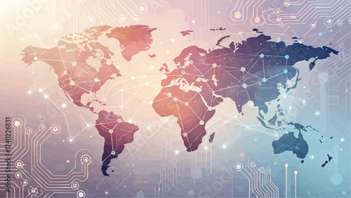 World map with network connections and circuit board patterns overlaid on a gradient background