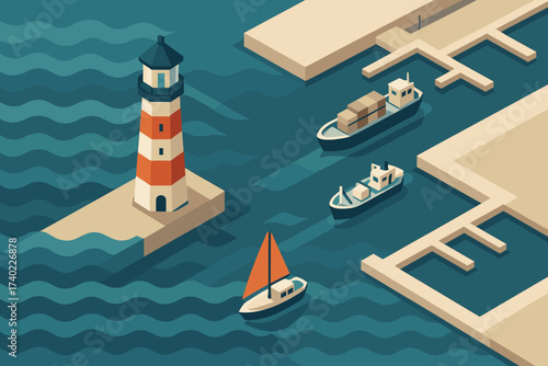Vector waves illustration channel harbor geometric lighthouse boats entering view standing