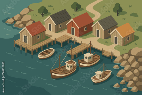 Fishing harbor small tied village coastal shoreline vector huts to illustration