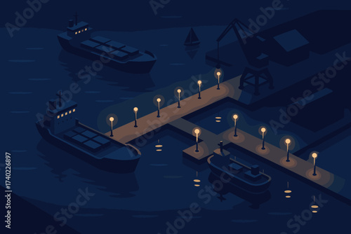 Dock geometry illustration nighttime glow harbor lights ships glowing anchored reflecting vector