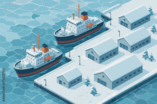 Snowy scene vector docked warehouses water frozen icebreakers icy illustration harbor