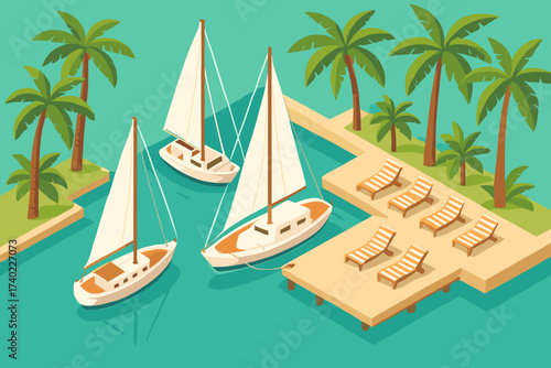 Illustration anchored sailboats trees bliss tropical loungers harbor water dock vector