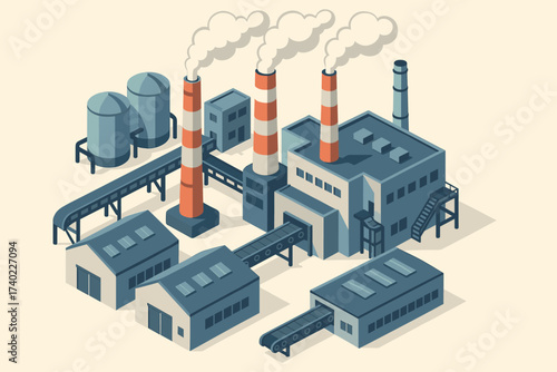Steam chimneys illustration large tall plant industrial factory isometric vector warehouse buildings