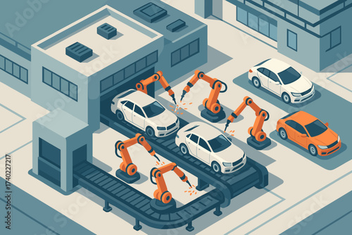 Car vehicles illustration vector welding manufacturing plant finished robotic line