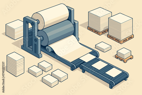 Illustration isometric stacks sheets giant vector paper mill belts conveyor rollers