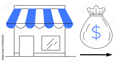 Retail shop featuring striped awning and large money bag with dollar sign, connected by an arrow. Ideal for retail, sales, profit, revenue, commerce, business growth financial concepts. Simple flat