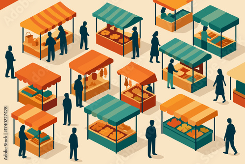 Colorful vibrant silhouettes market goods browsing bazaar stalls people awnings illustration vector