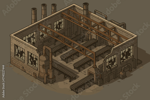 Isometric rusted broken vector factory equipment abandoned illustration lines conveyor empty