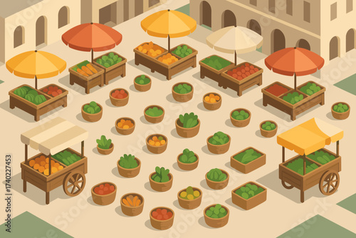 Vegetables square market illustration central umbrellas vividness fruits baskets carts vendor vector