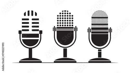 Set of retro microphone icons vintage broadcast equipment in flat black and white vector style perfect for podcasting or music production