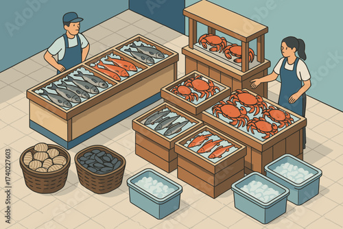 Seafood shells vector isometric ice fish illustration market containers stalls displaying