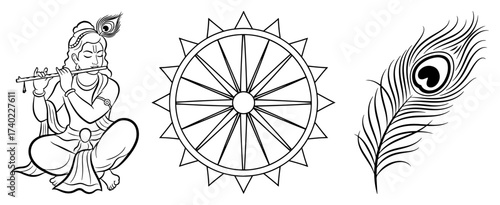 Krishna Flute with Dharma Wheel and Peacock Feather Vector Set