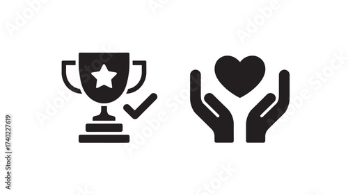 Achievement trophy with checkmark heart in hands simple black vector icons for recognition and care concepts isolated on white background