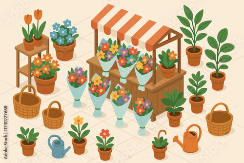 Cans flower bouquets vector plants colorful potted watering illustration market isometric