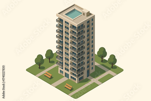Urban oasis illustration nearby modern tower benches balconies rooftop vector tall pool
