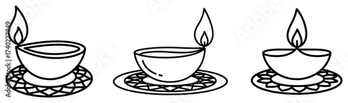 Diya Oil Lamps for Diwali Line Art Vector