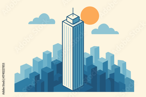 City tower behind simple skyscraper illustration clouds minimalist stylized rising skyline vector