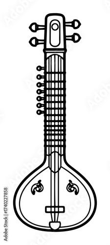 Sitar Indian Musical Instrument Line Art Vector