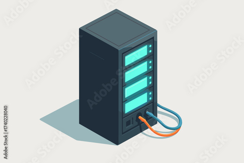 Single rack vector server cables glowing shadows network minimal illustration