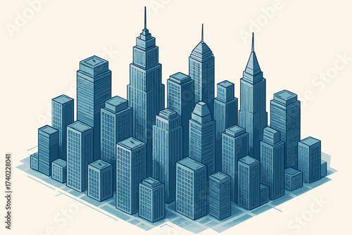 Forming skyline core heights urban city skyscrapers modern panorama varying illustration vector