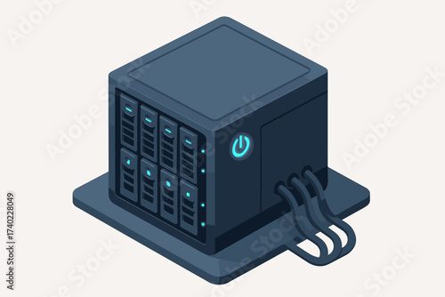Hard backup glowing cables icons arranged power isometric server drives vector illustration