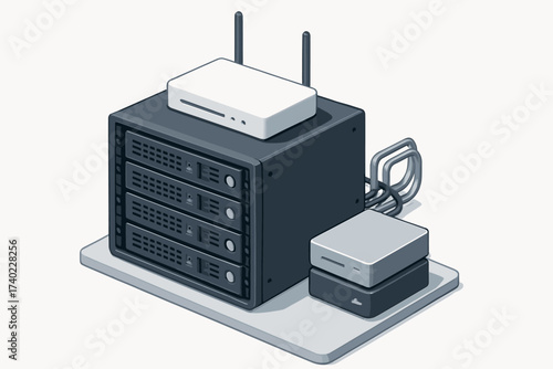 Home illustration devices organization rack storage server router compact small vector