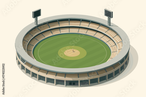 Field vector towers stands ground cricket isometric illustration circular stadium surrounding scoreboard