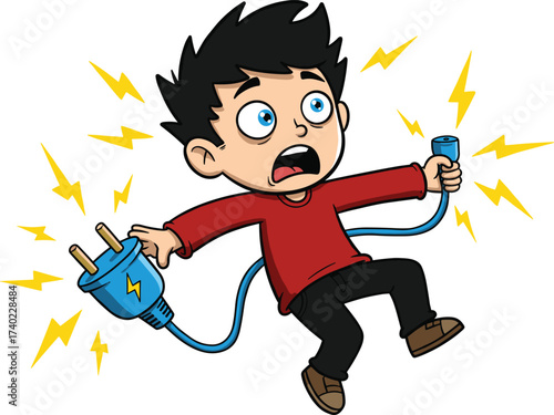 Cartoon illustration, electric shock hazard, safety warning, shocked man, plug and socket, danger concept, emergency, voltage, accident, awareness, comic style, electrocution, energy risk