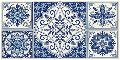 Collection of six blue and white floral tile designs arranged in a rectangular pattern format view