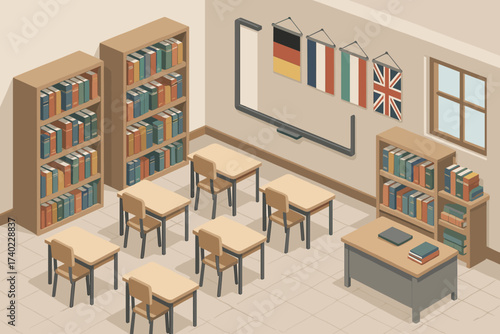 Whiteboard shelves illustration dictionaries flags classroom vector books interactive isometric language