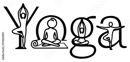 Yoga Typography with Asana Poses Line Art Vector