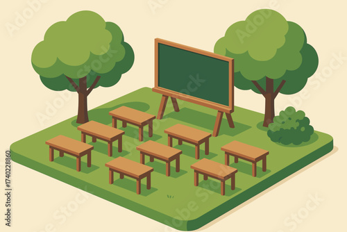 Outdoor chalkboard illustration stand benches trees classroom under vector wooden open air