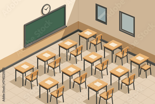 Above classroom vector illustration isometric exam papers spaced desks board tables mounted