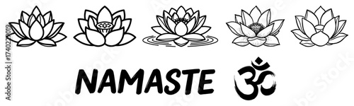Namaste Lettering with Om and Lotus Icons Vector