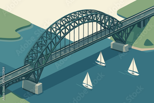 Sailing underneath iconic across bay illustration spanning boats vector steel bridge isometric