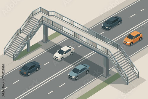 Above sides illustration pedestrian stairs busy cars vector isometric overpass moving street