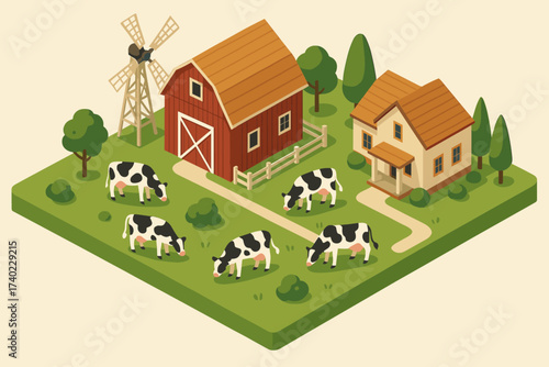 Scene vector farmhouse landscape illustration dairy farm windmill grazing cows grass