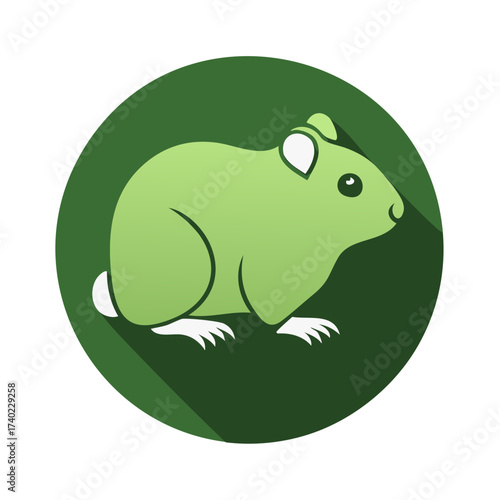 Charming green guinea pig illustration in a dark green circle with long shadow