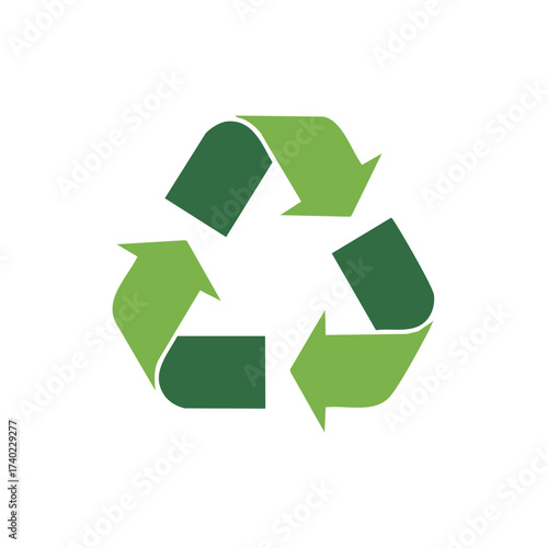 Green recycling symbol composed of three chasing arrows on white background
