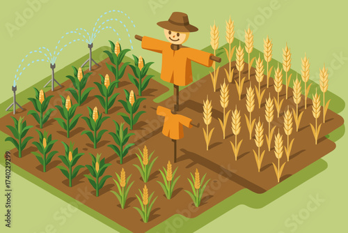 Irrigation wheat simple center vector corn scarecrow illustration field crops rows