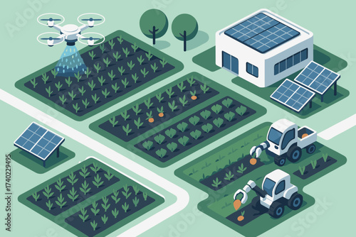 Futuristic automated solar farm illustration watering harvesters panels drones vector