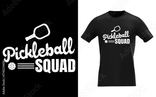 Pickleball squad graphic design for t shirts and apparel with racket and ball icon