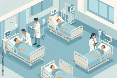 Emergency hospital scene vector isometric medical multiple doctors ward equipment illustration checking