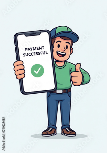 Vector illustration of a satisfied man holding a phone with a successful payment message. Concept of digital banking, e-commerce, and online shopping