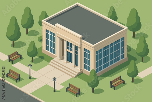 Surrounding illustration vector large modern glass wide public library park windows exterior